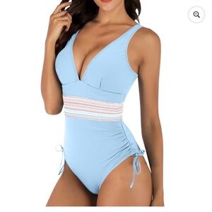 Light Blue One-Piece Swimsuit with Striped Waist